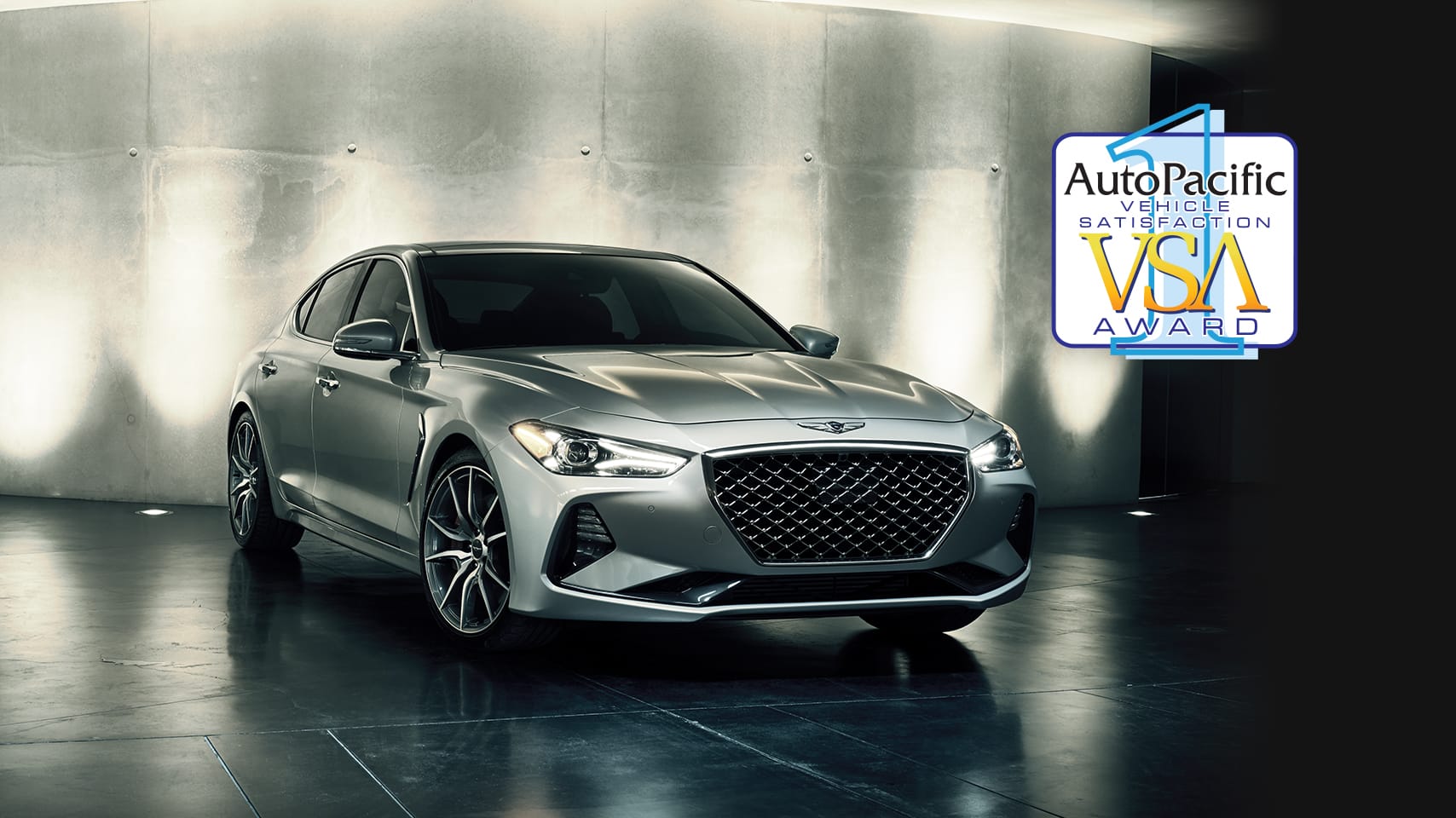 2019 Genesis G70 shown in Santiago Silver with AutoPacific vehicle satisfaction badge.